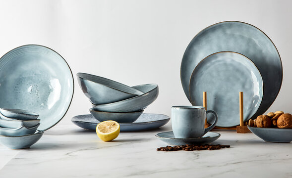 Still life photography of blue classical ceramic utensils
