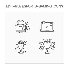 Esports line icons set.Golden prize with money, multiplayer video game, laptop, tournament. Gaming concept. Isolated vector illustration.Editable stroke