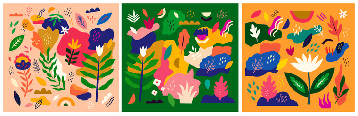 Fototapeta na wymiar Abstract spring backgrounds with flowers, leaves and abstract shapes. Bright spring illustrations 