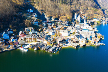 Spectacular aerial view of the famous lakeside town of Hallstatt in the mountains. UNESCO World Heritage. Hallstatt Lake, Upper Austria.