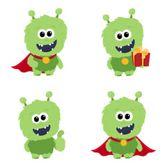 Fluffy green monster character in a raincoat in several poses. Set of illustrations with a cute green monster in a raincoat