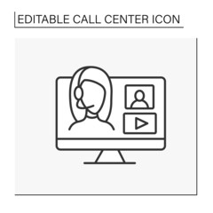 Client support line icon. Woman agent help people by computer. Video conference helpline.Call center concept. Isolated vector illustration. Editable stroke