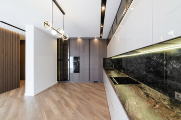 new clean stylish kitchen in the interior of the house. place for cooking