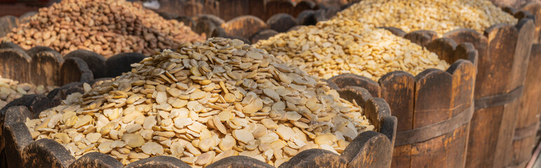 Egyptian Dried food products and almond flakes on the Arab street market stall.