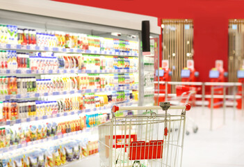 empty grocery cart in an empty supermarket