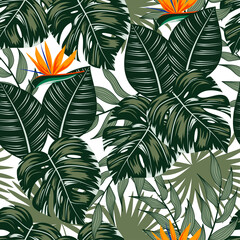 Tropical seamless pattern with exotic leaves and flowers. Vector background for various surface. Floral pattern. Trend vector design, beautiful print. Tropical leaves on a white background. 