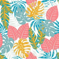 Peel and stick wall murals Tropical Leaves Colorful seamless pattern with tropical leaves. Summer vector background for various surface. Tropical leaves on a white background. Seamless floral pattern with tropical plants. 