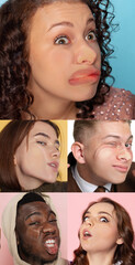 Vertical set of close-up faces of young girls and boys crushed on glass isolated on colored background. Concept of emotions, expressions, diversity.