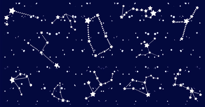 Set of zodiac stars, space and galaxy constellation. Hand drawn flat vector illustration isolated on blue background. © Grandmadraws