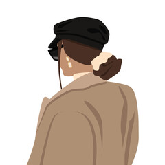 A girl in a beige coat and black beret. Vector flat image of a pretty lady.