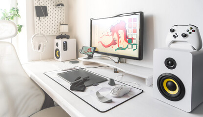  Convenient digital artist workspace with graphic tablet and sketching.