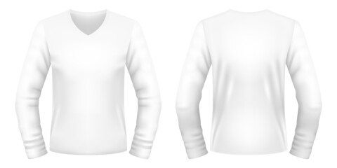 Blank white V-neck long sleeve t-shirt template. Front and back views. Vector illustration.