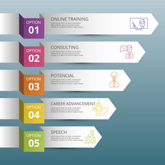 Infographic Business Training icons vector illustration. 5 colored steps info template with editable text.