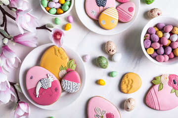 Handmade Easter gingerbread cookies and chocolate eggs.