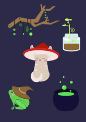 Vector set of pictures of witch aesthetics. Magic mushroom, toad, potion, knot, plant in a jar. Suitable for decoration.