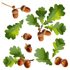 Oak tree branches, green oak leaves, acorns, oak leaves. Vector illustration. Set of isolated images. - obrazy, fototapety, plakaty