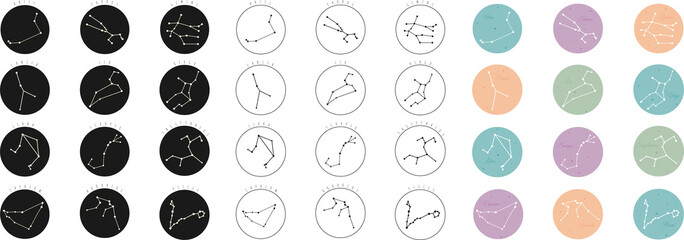 Set zodiac constellation. Collection set of 36 zodiac signs for stars with white, black and colourful colours.