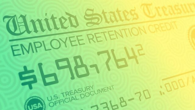 A stylized background animation of a fictional United States employee retention check. The Payroll Protection Program (PPP) distributed payments to employers during the COVID-19 pandemic.