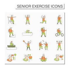 Senior exercise color icons set. Physical activity. Cardio workout. Keeps muscle in tonus. Training concept. Isolated vector illustrations