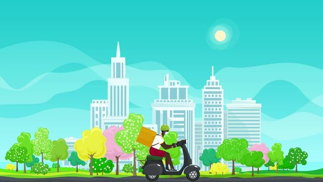 Young african guy in protective face mask with box rides a scooter on a spring background ,online delivery service and stay home concept, HD Video Animation Footage
