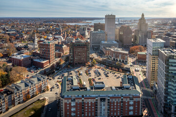 Aerial Providence Rhode Island during sunset