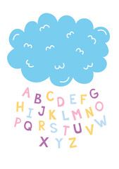 alphabet in the form of a cloud with drops of letters. Educational poster for kids room. Poster with the alphabet in the form of a cloud