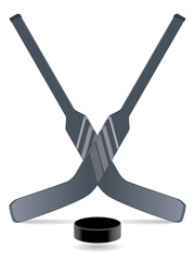 para sports paralympic sledge hockey for physical disabled, goaltender hockey sticks crossed with puck isolated on a white background