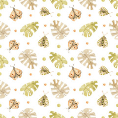 Watercolor seamless pattern with butterflies and monstera 