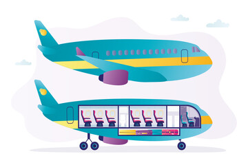 Airplane interior from inside and outside. Aircraft salon interior design. Cockpit and luggage compartment