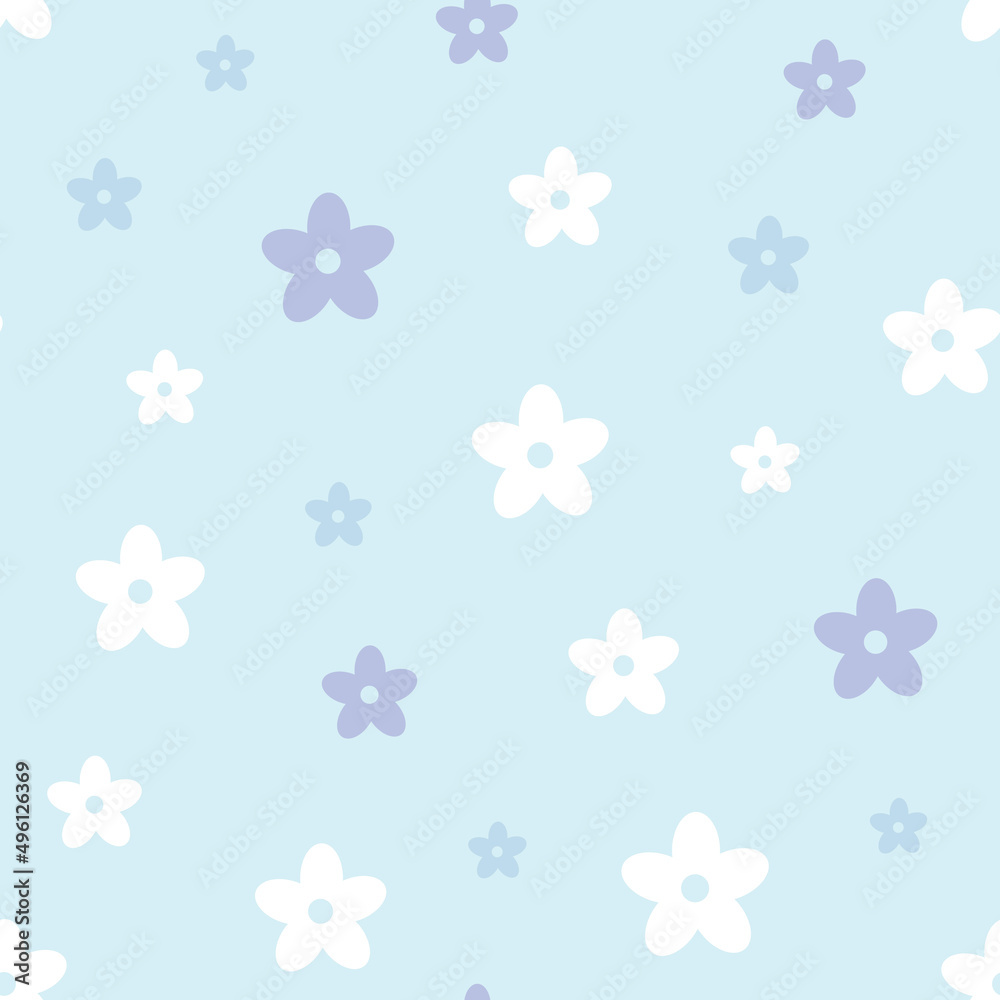 Poster blue simple floral pattern, random layout, seamless repeat pattern vector background
