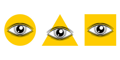 Eye of Providence (All seeing eye) geometric in yellow circle triangle and square boho magic flat vector icon design.