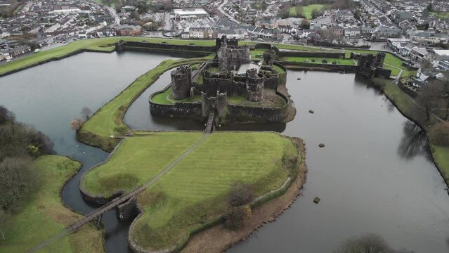 AERIAL: Sideways pan shot of Castle, Caerphilly, 4k Drone
