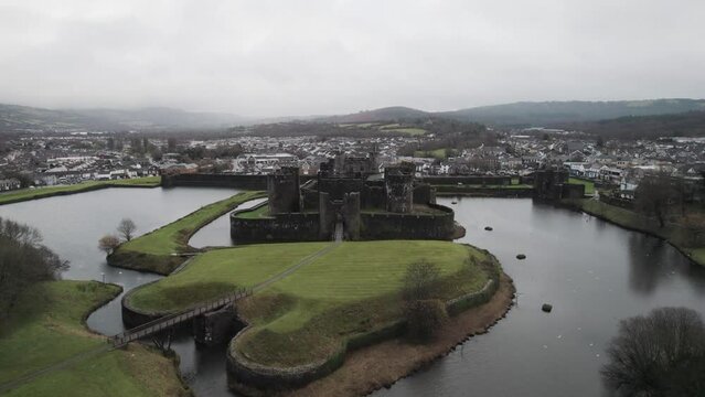 AERIAL: Upward pan shot of Castle, Caerphilly, 4k Drone