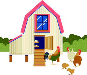 닭장과 닭 병아리 벡터 일러스트 © milkbun