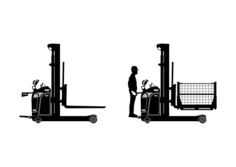 Silhouette of electric stacker. Side view of forklift with driver and load. Vector.