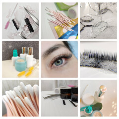 set of photos for advertising beauty services - eyelash extensions. Brushes, artificial synthetic eyelashes, other lash maker accessories. Eyes of women with extended eyelashes. Collection of images