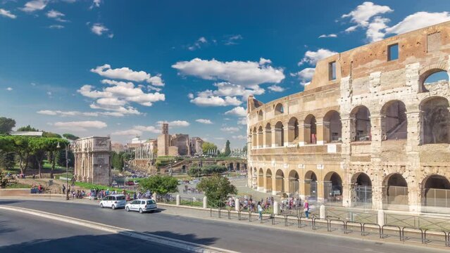 The Colosseum or Coliseum timelapse hyperlapse, also known as the Flavian Amphitheatre in Rome, Italy