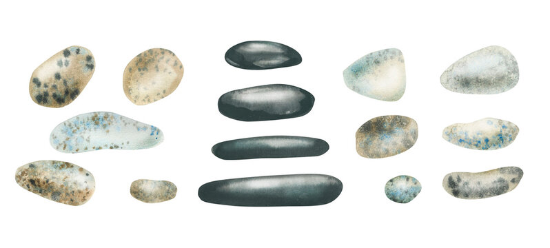 A set of watercolor illustrations made of pebbles and stones for a spa salon. Black flat stones and light blue and brown stones. For compositions, business cards, postcards, price list, spa salon