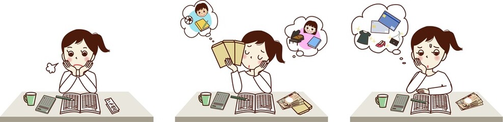 家計簿をつけ、考え事をしている若い女性のセットイラスト。