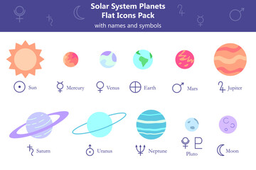Solar system planets with names and symbols. Cartoon colorful icons. Isolated flat design elements. Garamond font