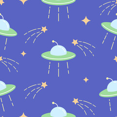 Outer space cartoon vector seamless pattern. Colorful geek style repeating texture for apparel, textile design. Cool vector background. UFO flying saucer, shooting star on soft violet background