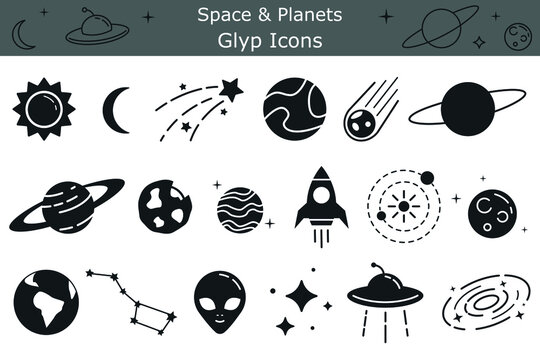 Space and planets solid icons set. Rocket, solar system model, crescent moon, stars glyph pictograms pack. Space exploration negative space cliparts collection