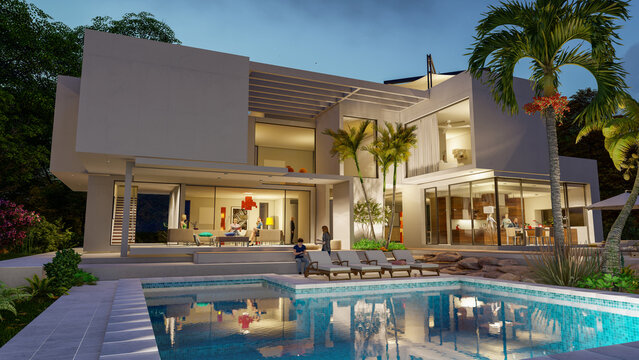 Luxury modern  villa with pool at dusk