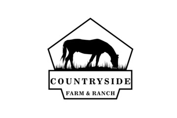 Horse silhouette behind wooden fence paddock for vintage retro rustic countryside western country farm ranch logo design