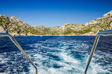 Engine backwash on the back of a cruise ship on the Mediterranean sea off Cassis, France