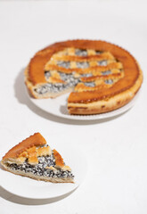 Homemade cake with cottage cheese and poppy seeds on a white table.