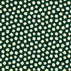 Little ditsy daisy seamless repeat pattern. Random placed, vector flowers all over print on dark green background.