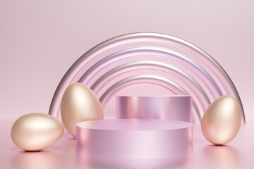 3d render of rose gold eggs and pink podiums with a metallic pink rainbow on a pastel pink background
