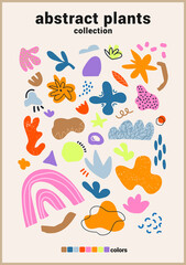 Collection of trendy doodles and abstract symbols of nature and plants on isolated background. Large collection, unusual organic forms in art-matisse style by hand.
