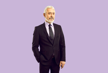 Studio shot of stylish mature businessman. Portrait of handsome senior man wearing classy suit, shirt and elegant modern neck tie standing with his hand in pocket isolated on solid purple background